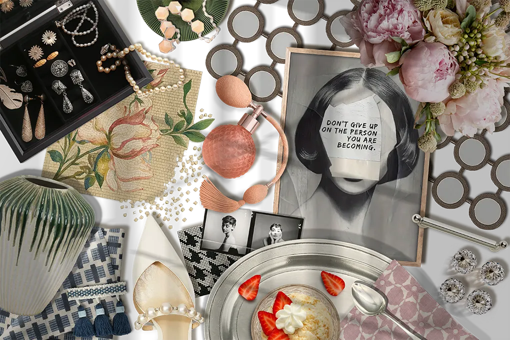 Audrey’s Grace Blu moodboard with vintage jewelry, pearls, florals, and soft textures for a timeless, feminine aesthetic.