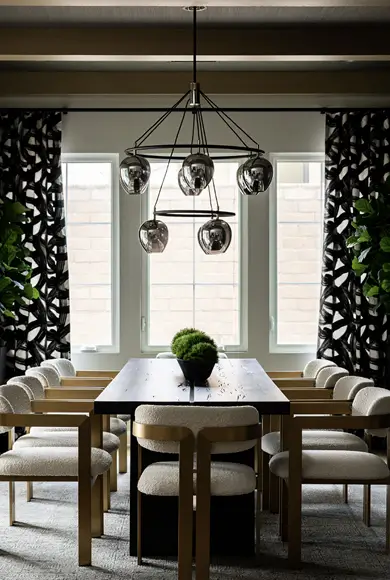 dining table with four chairs on each side and one on each end