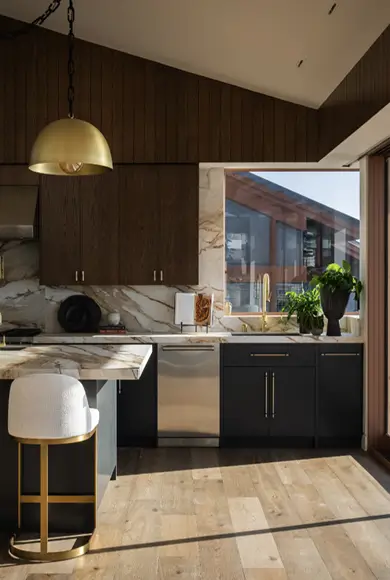 kitchen with dark brown wooden cabinets, light brown floors and marble walls and kitchen island