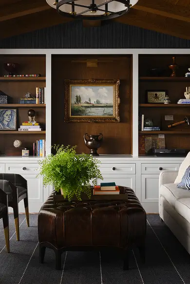 Cozy living room with bookshelves, framed art, leather ottoman, and a green plant centerpiece.